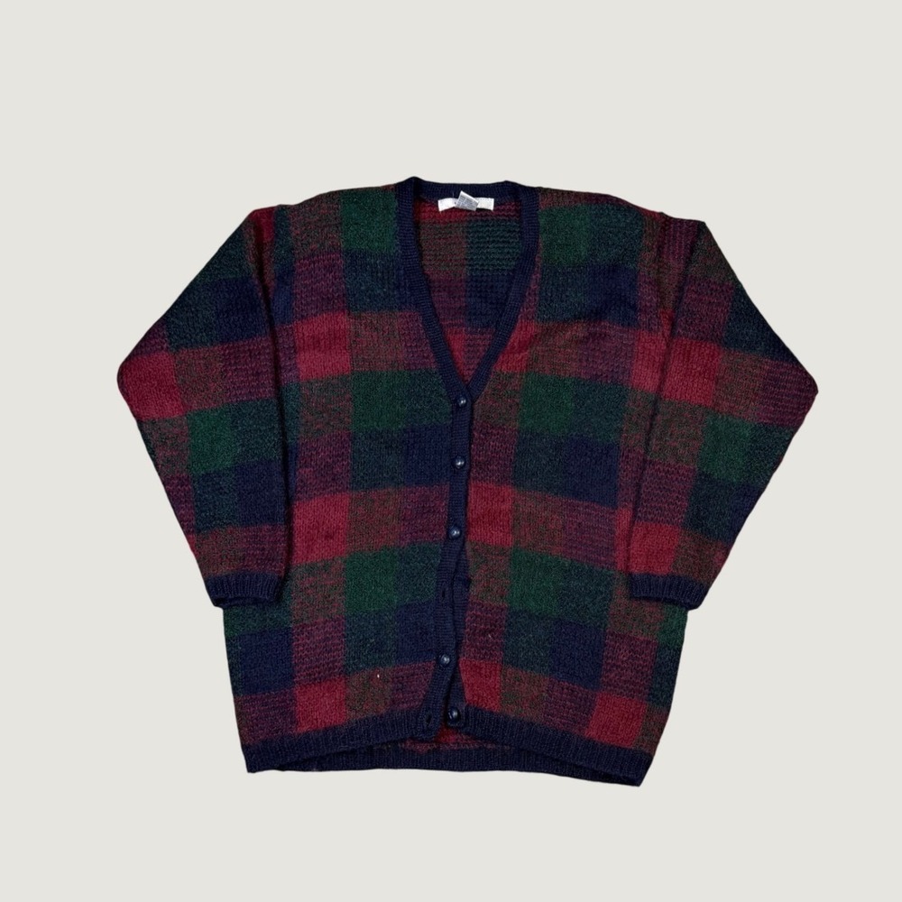 Vintage Lise J Plaid Cardigan Sweater Navy Green Red Buffalo Check Large